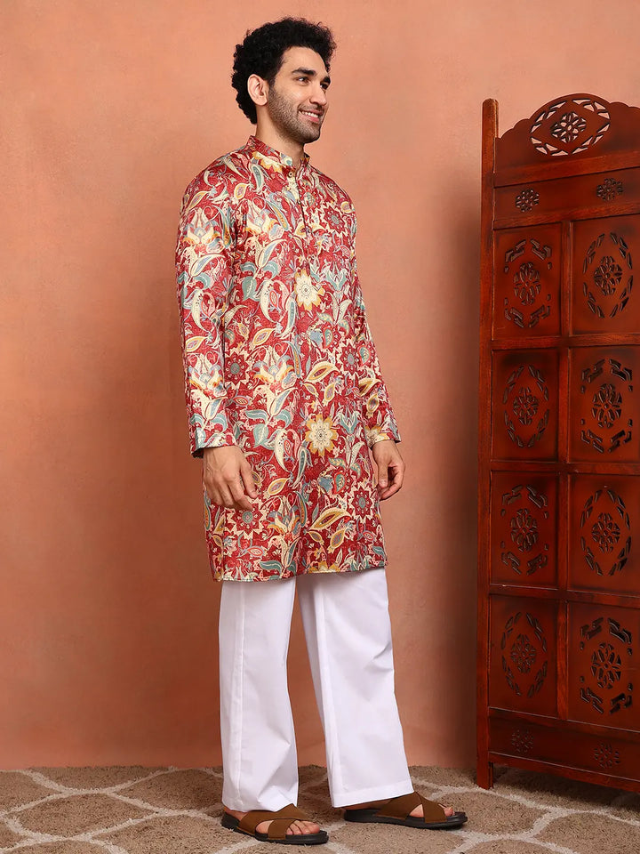 Men Floral Printed Indie Florals Satin Kurta