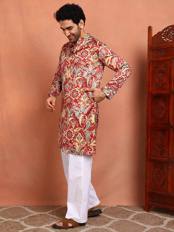 Men Floral Printed Indie Florals Satin Kurta