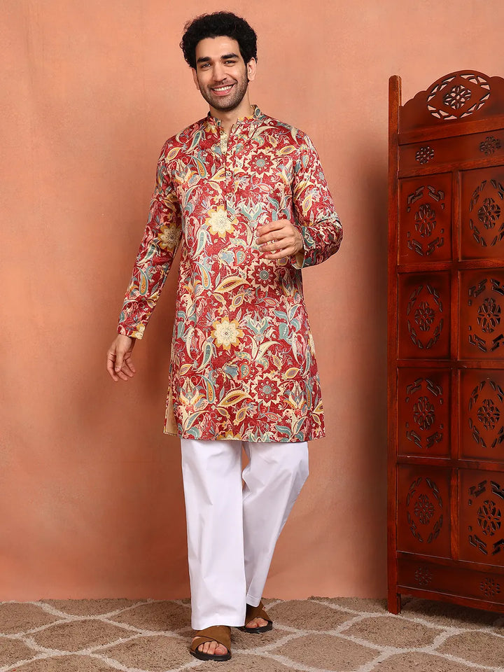 Men Floral Printed Indie Florals Satin Kurta