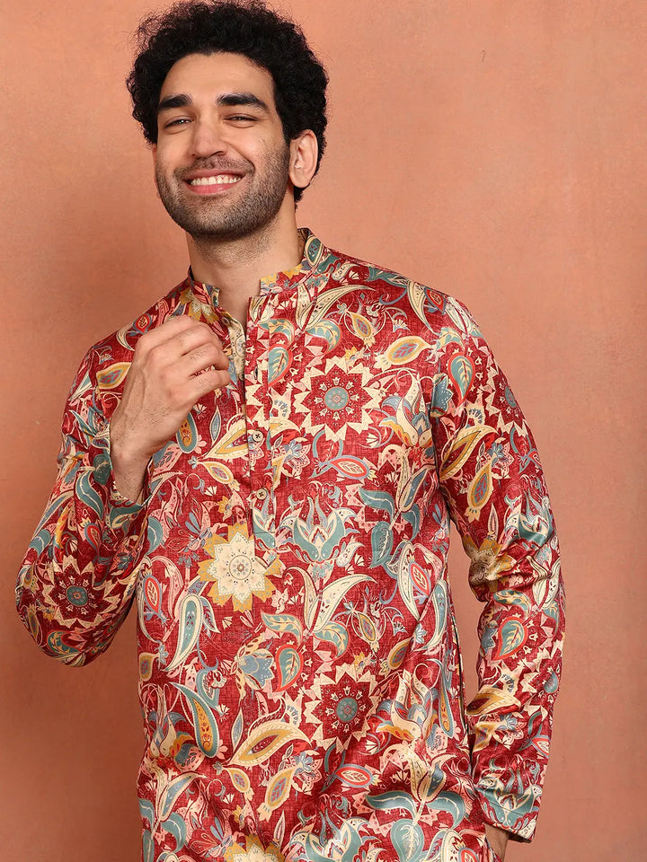 Men Floral Printed Indie Florals Satin Kurta