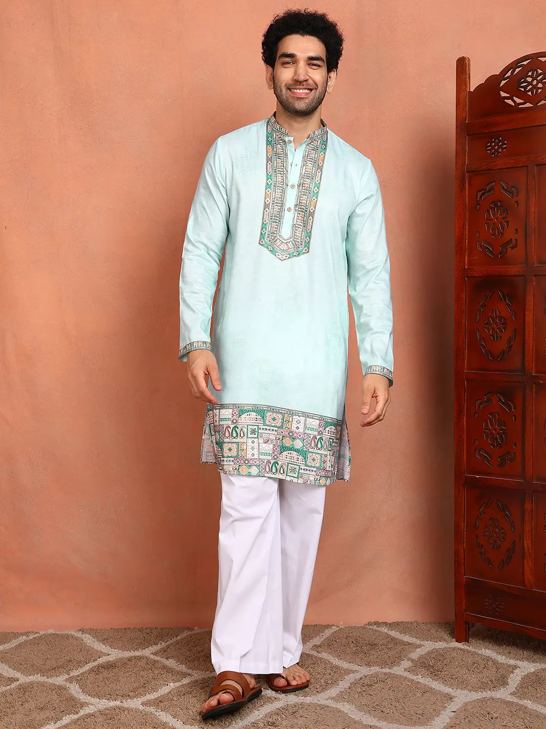 Men Pista Green Chanderi Silk Straight Yoke Design Kurta