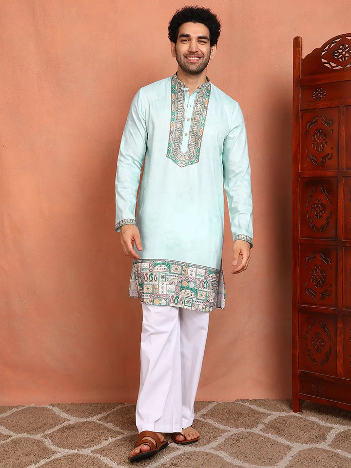 Men Pista Green Chanderi Silk Straight Yoke Design Kurta