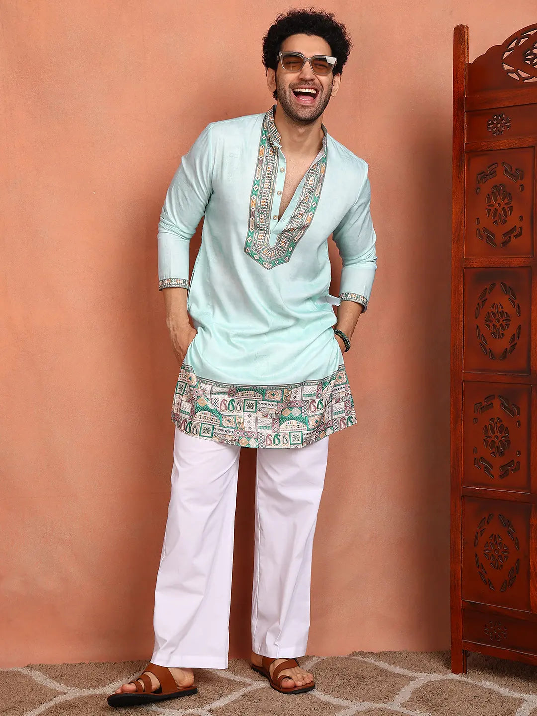 Men Pista Green Chanderi Silk Straight Yoke Design Kurta