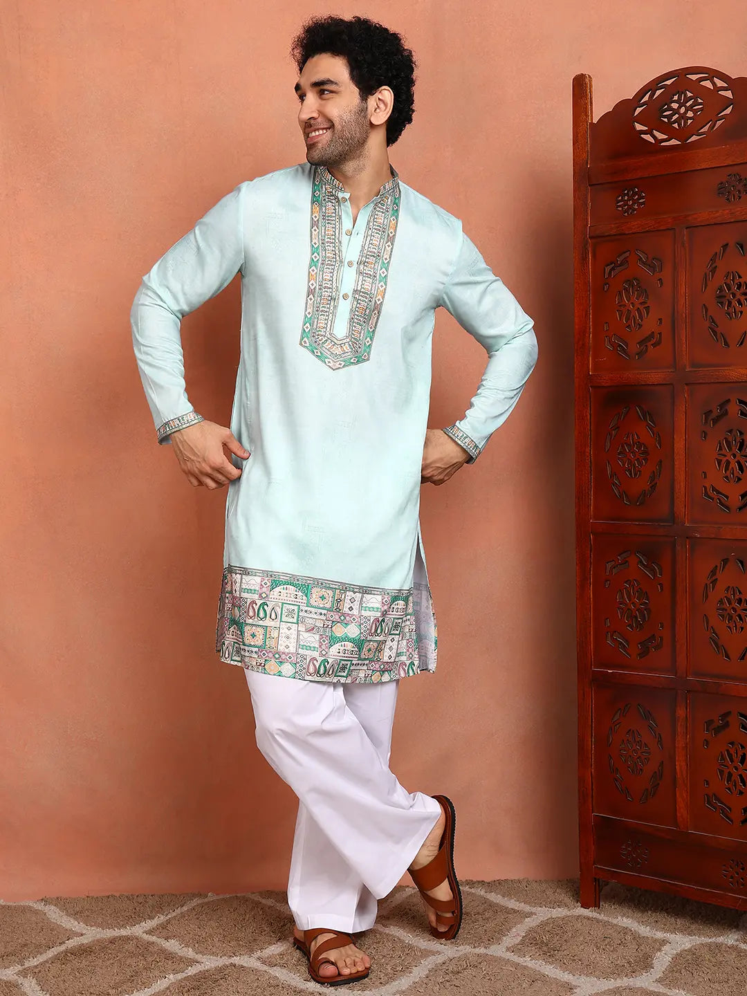 Men Pista Green Chanderi Silk Straight Yoke Design Kurta