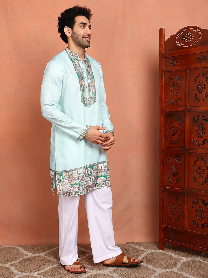 Men Pista Green Chanderi Silk Straight Yoke Design Kurta