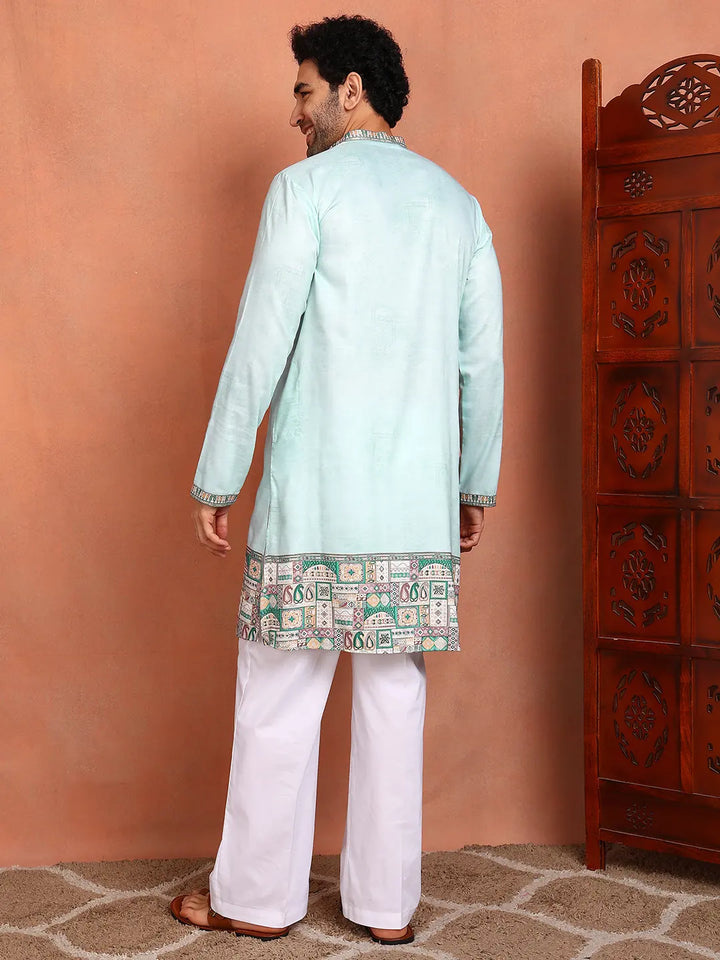 Men Pista Green Chanderi Silk Straight Yoke Design Kurta