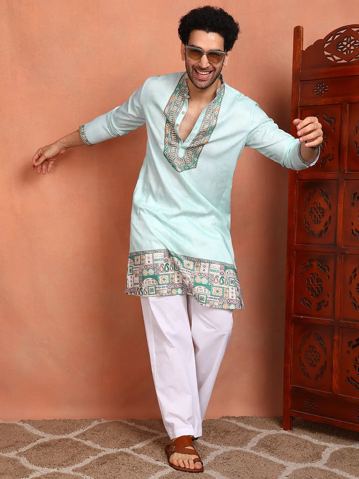 Men Pista Green Chanderi Silk Straight Yoke Design Kurta