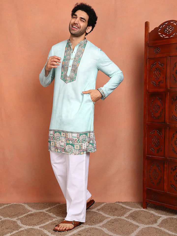 Men Pista Green Chanderi Silk Straight Yoke Design Kurta
