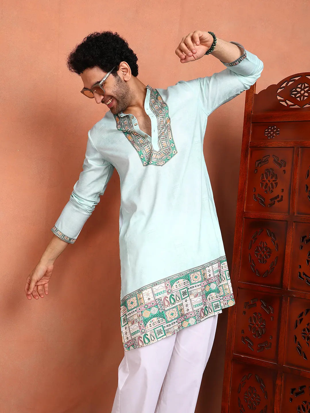 Men Pista Green Chanderi Silk Straight Yoke Design Kurta