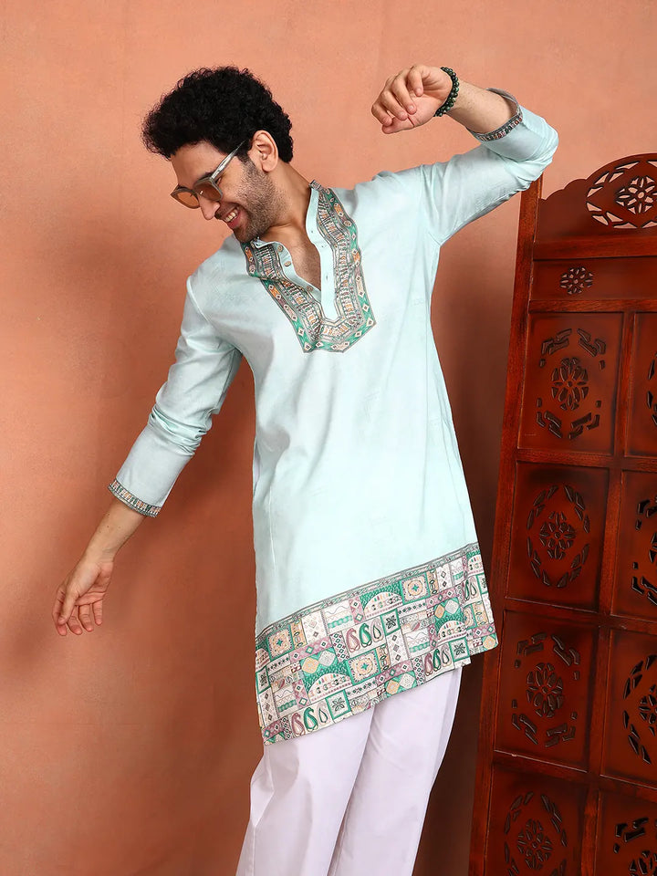 Men Pista Green Chanderi Silk Straight Yoke Design Kurta