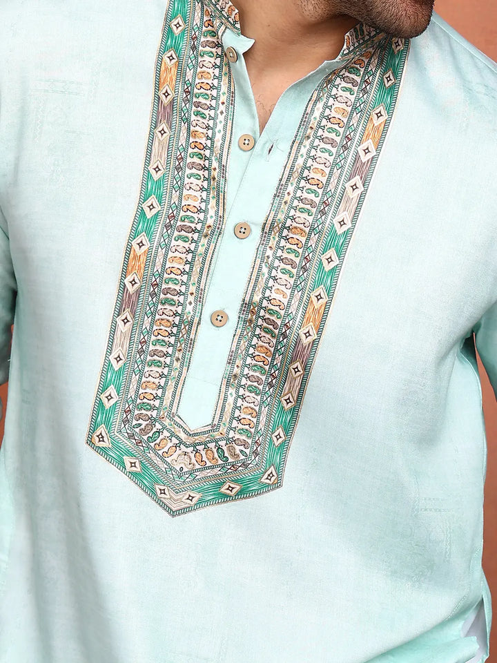 Men Pista Green Chanderi Silk Straight Yoke Design Kurta