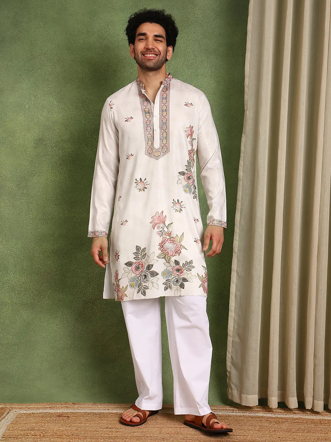 Men Off-White Chanderi Silk Straight Yoke Design Kurta