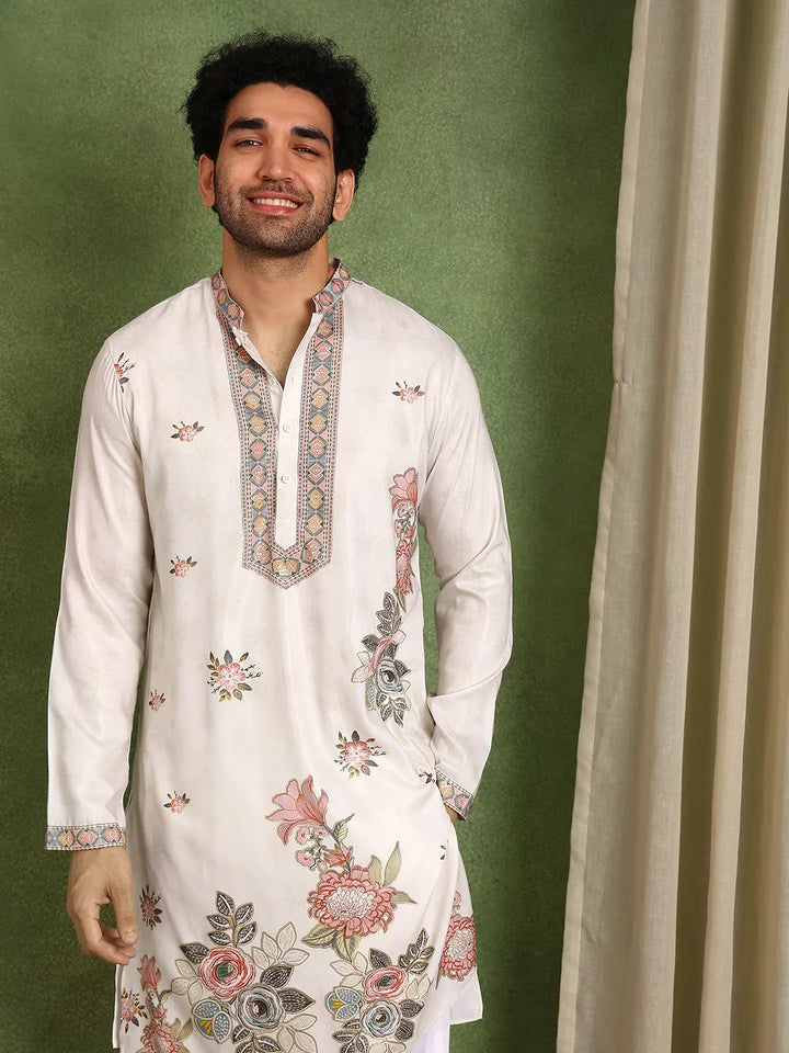 Men Off-White Chanderi Silk Straight Yoke Design Kurta