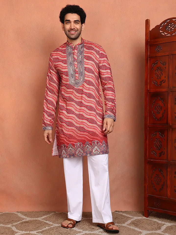 Men Leheriya Printed Thread Work Chanderi Silk Kurta