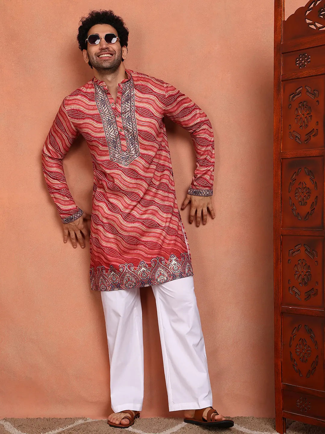 Men Leheriya Printed Thread Work Chanderi Silk Kurta