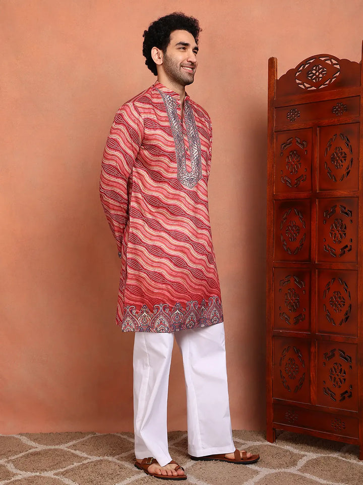Men Leheriya Printed Thread Work Chanderi Silk Kurta