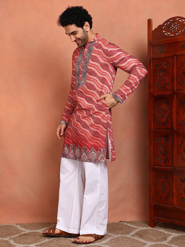 Men Leheriya Printed Thread Work Chanderi Silk Kurta