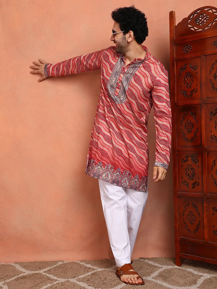Men Leheriya Printed Thread Work Chanderi Silk Kurta