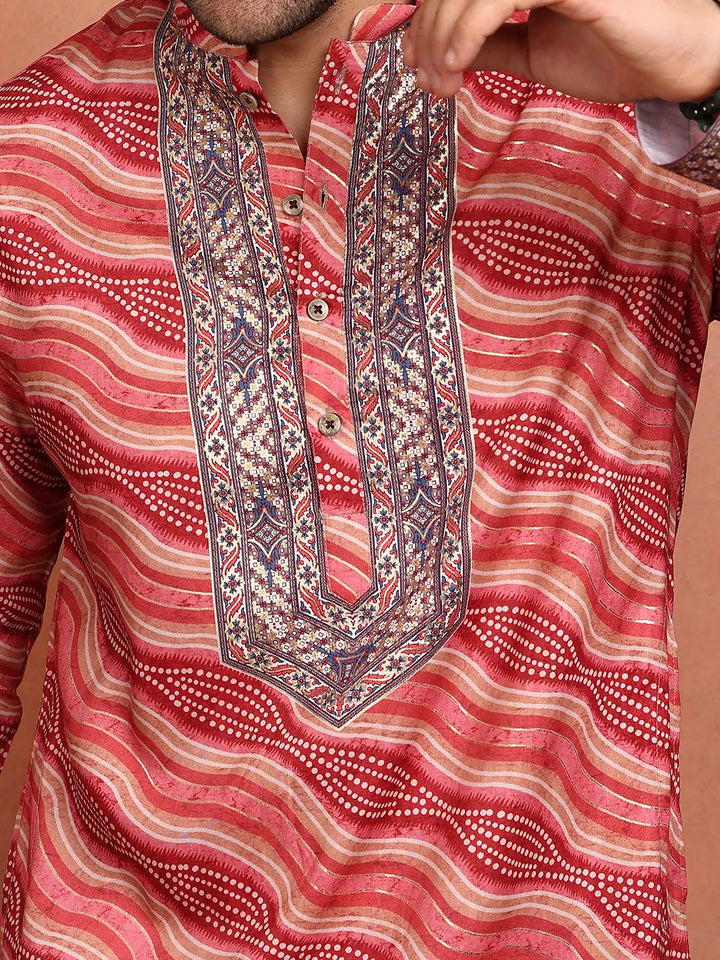 Men Leheriya Printed Thread Work Chanderi Silk Kurta