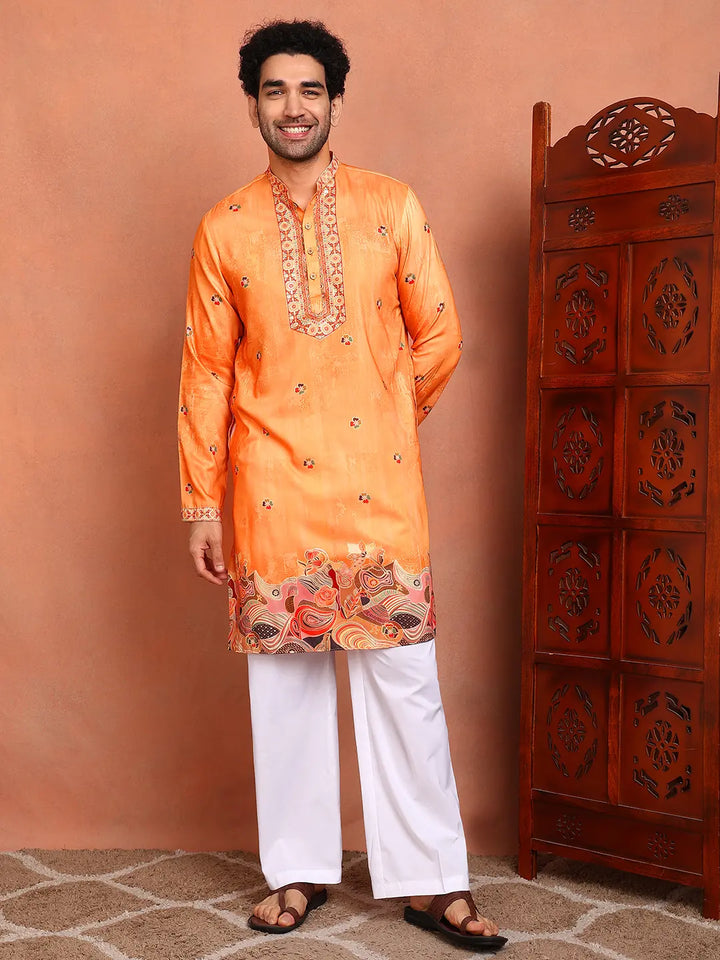 Men Paisley Printed Thread Work Chanderi Silk Kurta