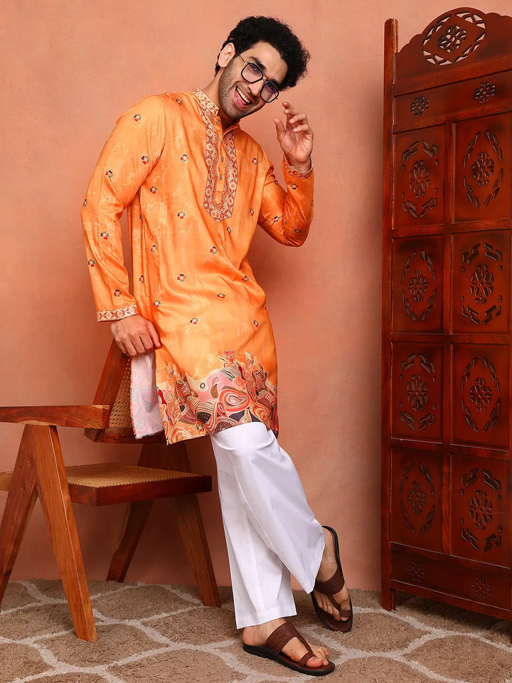 Men Paisley Printed Thread Work Chanderi Silk Kurta