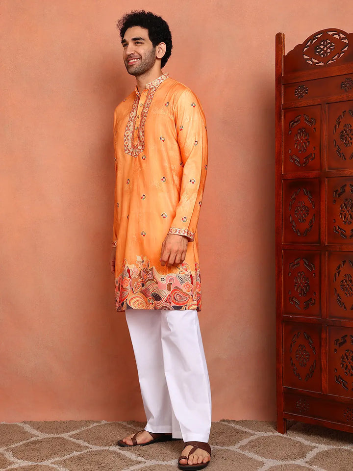 Men Paisley Printed Thread Work Chanderi Silk Kurta