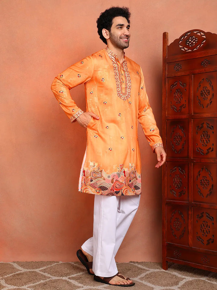 Men Paisley Printed Thread Work Chanderi Silk Kurta