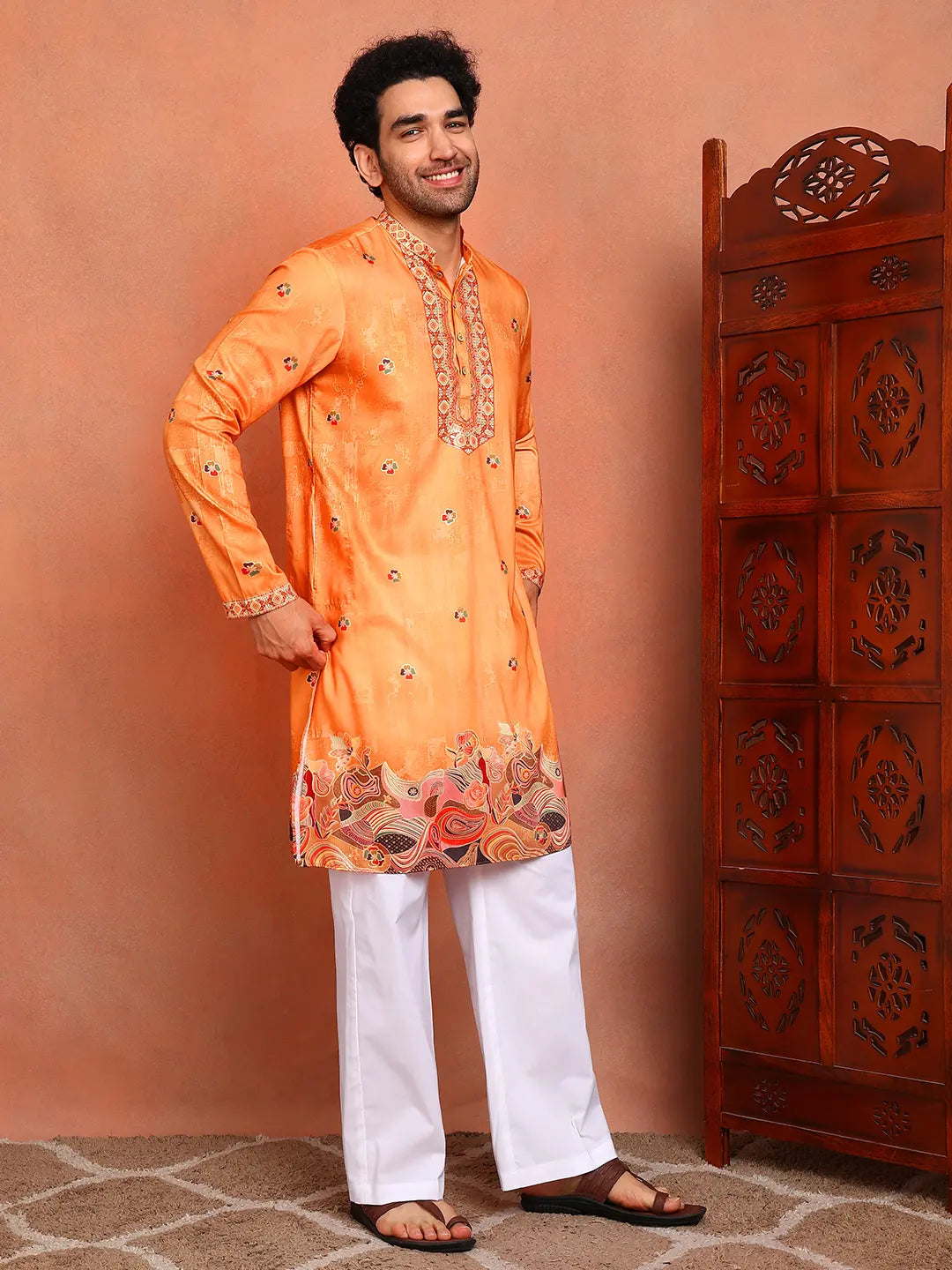 Men Paisley Printed Thread Work Chanderi Silk Kurta