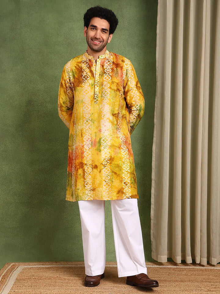 Mustard Chanderi Silk Straight Printed Kurta