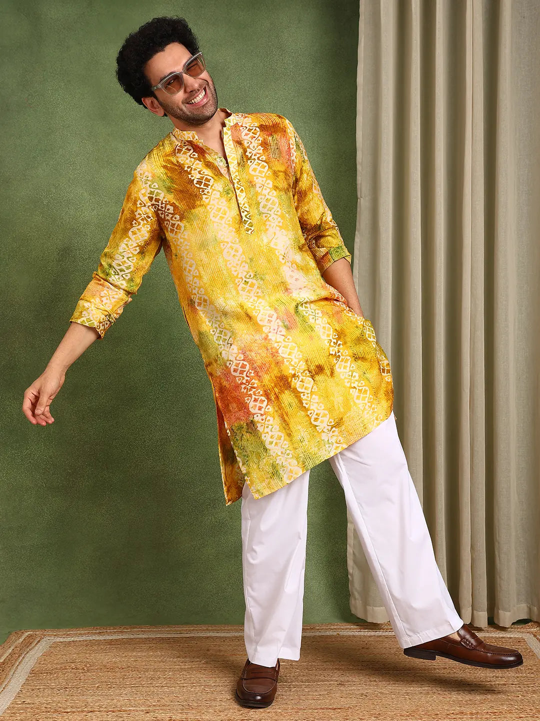 Mustard Chanderi Silk Straight Printed Kurta