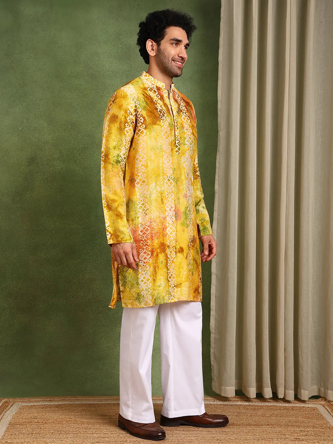 Mustard Chanderi Silk Straight Printed Kurta