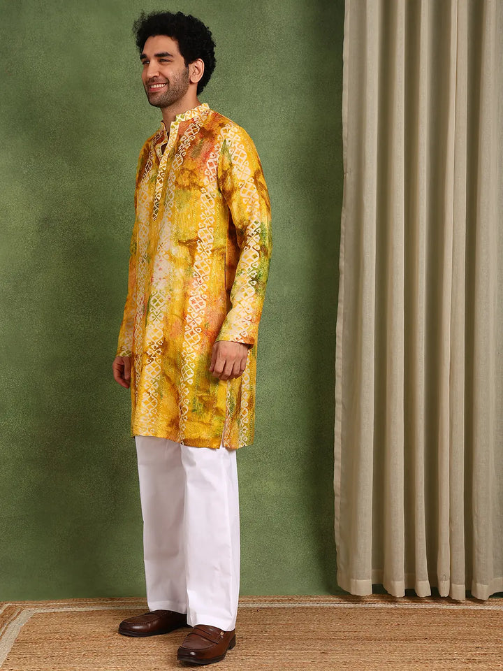Mustard Chanderi Silk Straight Printed Kurta