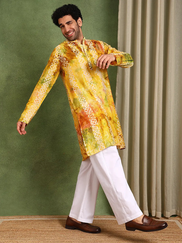 Mustard Chanderi Silk Straight Printed Kurta