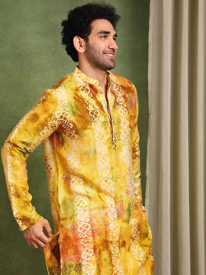 Mustard Chanderi Silk Straight Printed Kurta