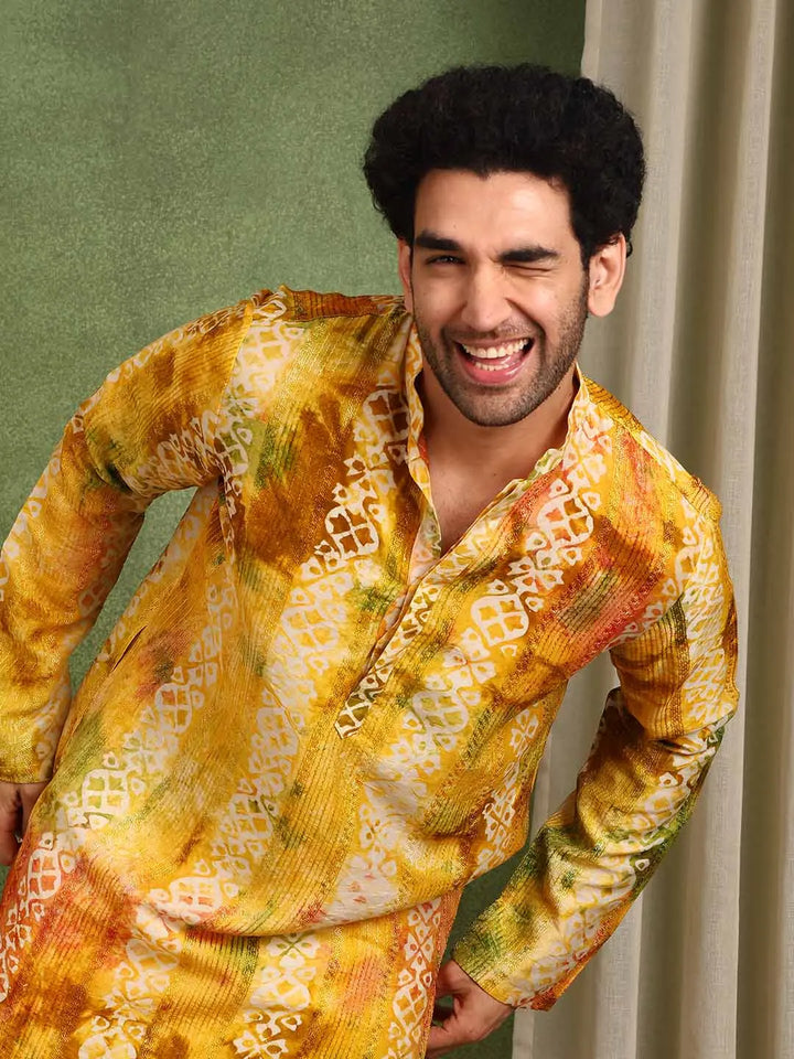 Mustard Chanderi Silk Straight Printed Kurta