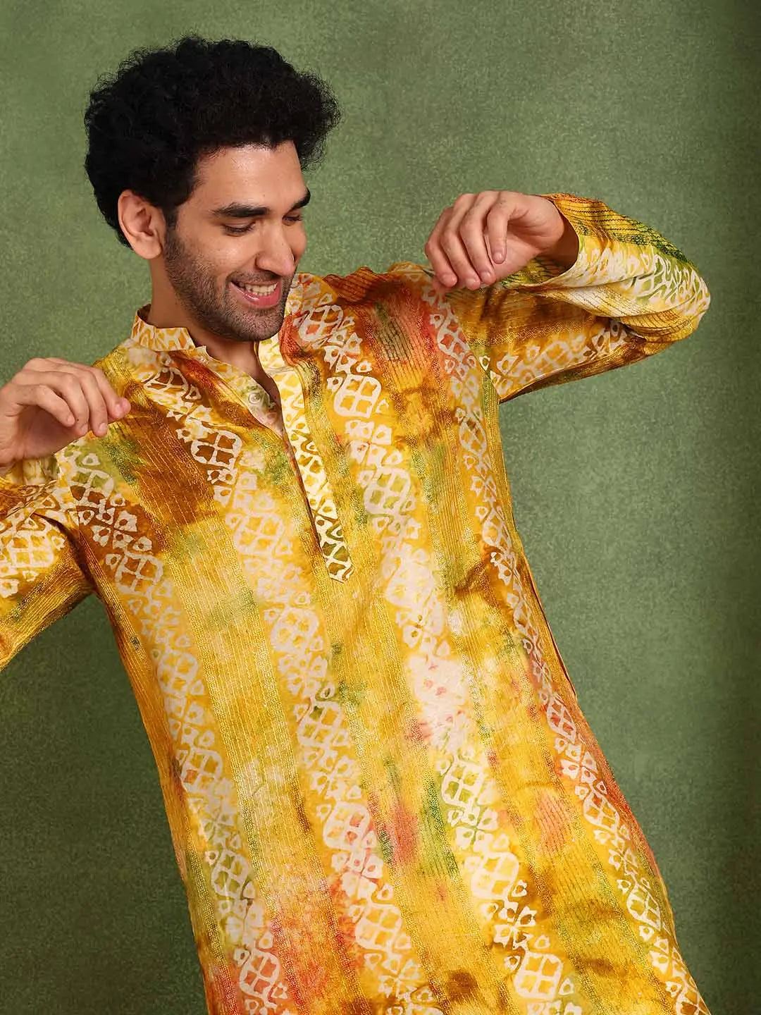 Mustard Chanderi Silk Straight Printed Kurta