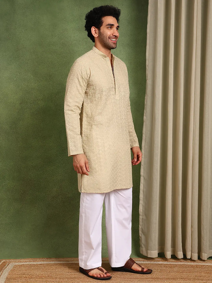 Men Cream Embroidered Cotton Straight Kurta