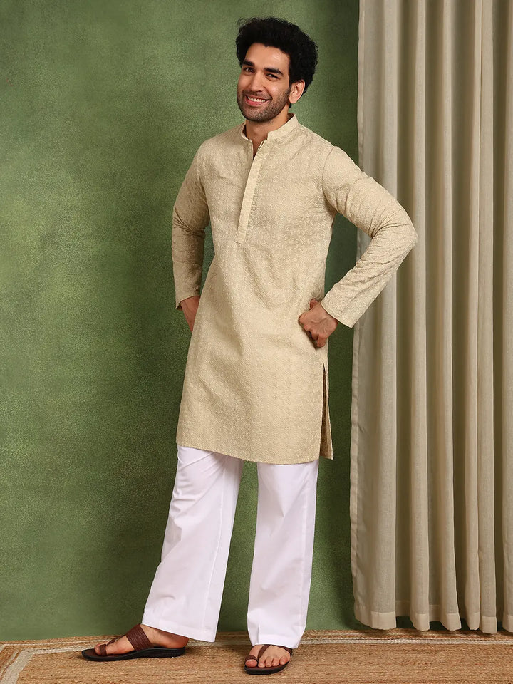Men Cream Embroidered Cotton Straight Kurta