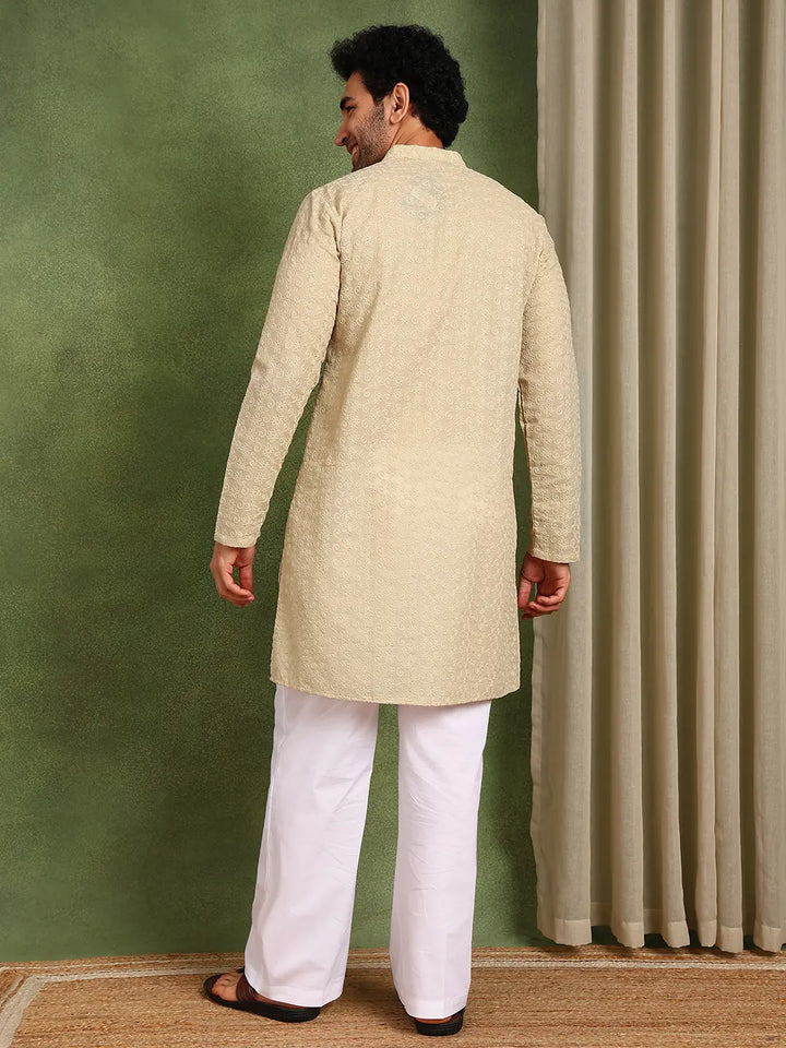 Men Cream Embroidered Cotton Straight Kurta