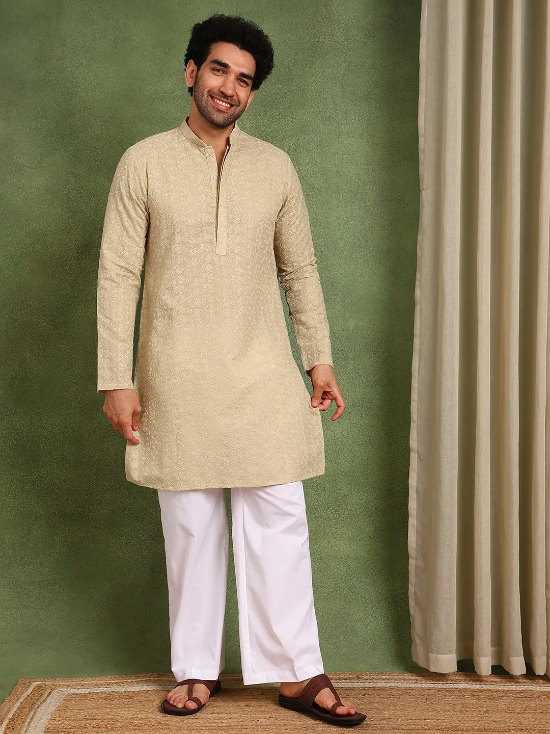 Men Cream Embroidered Cotton Straight Kurta