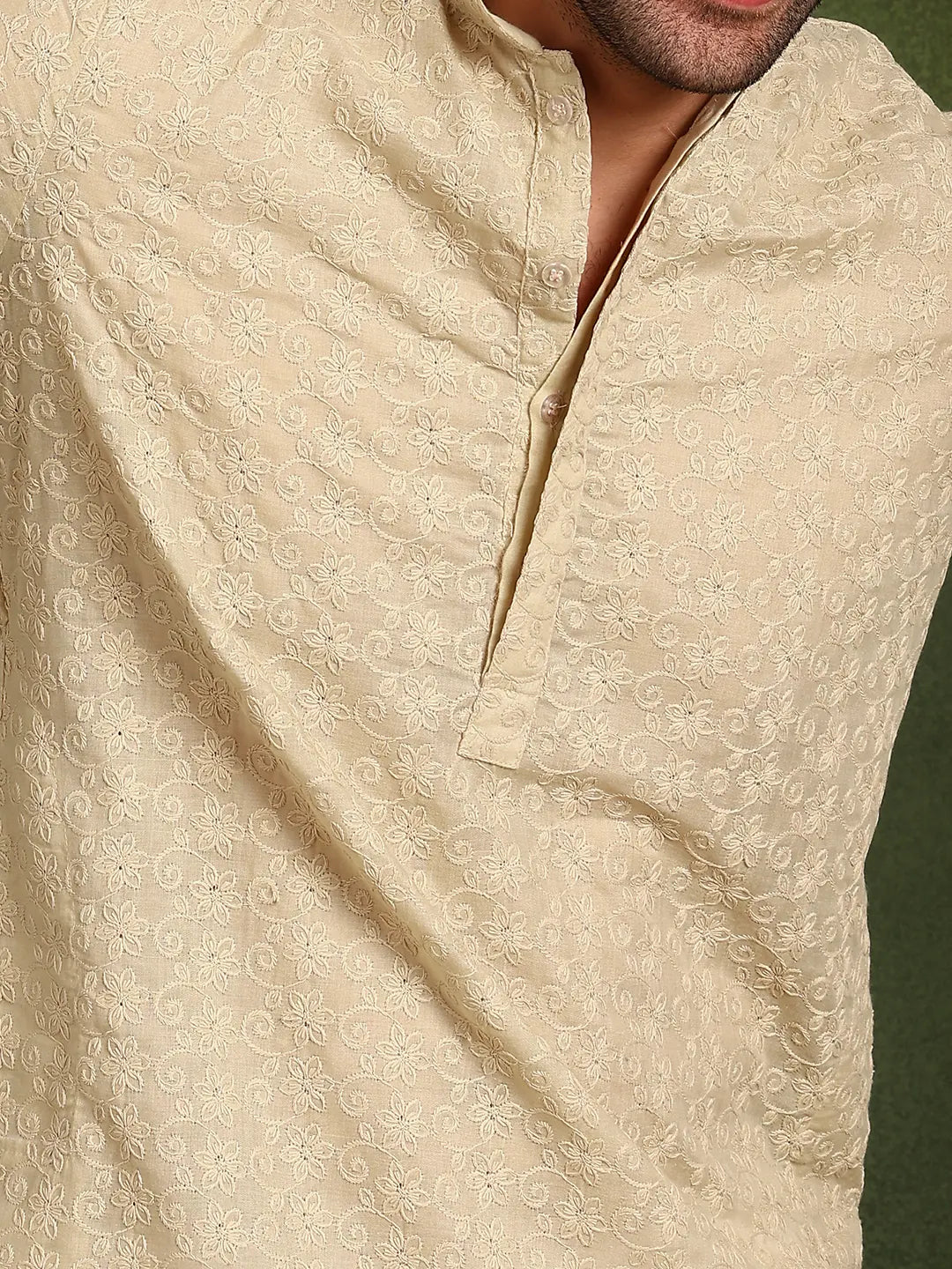 Men Cream Embroidered Cotton Straight Kurta