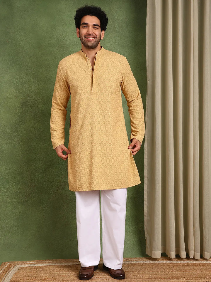 Men Mustard Embroidered work Cotton Straight Kurta