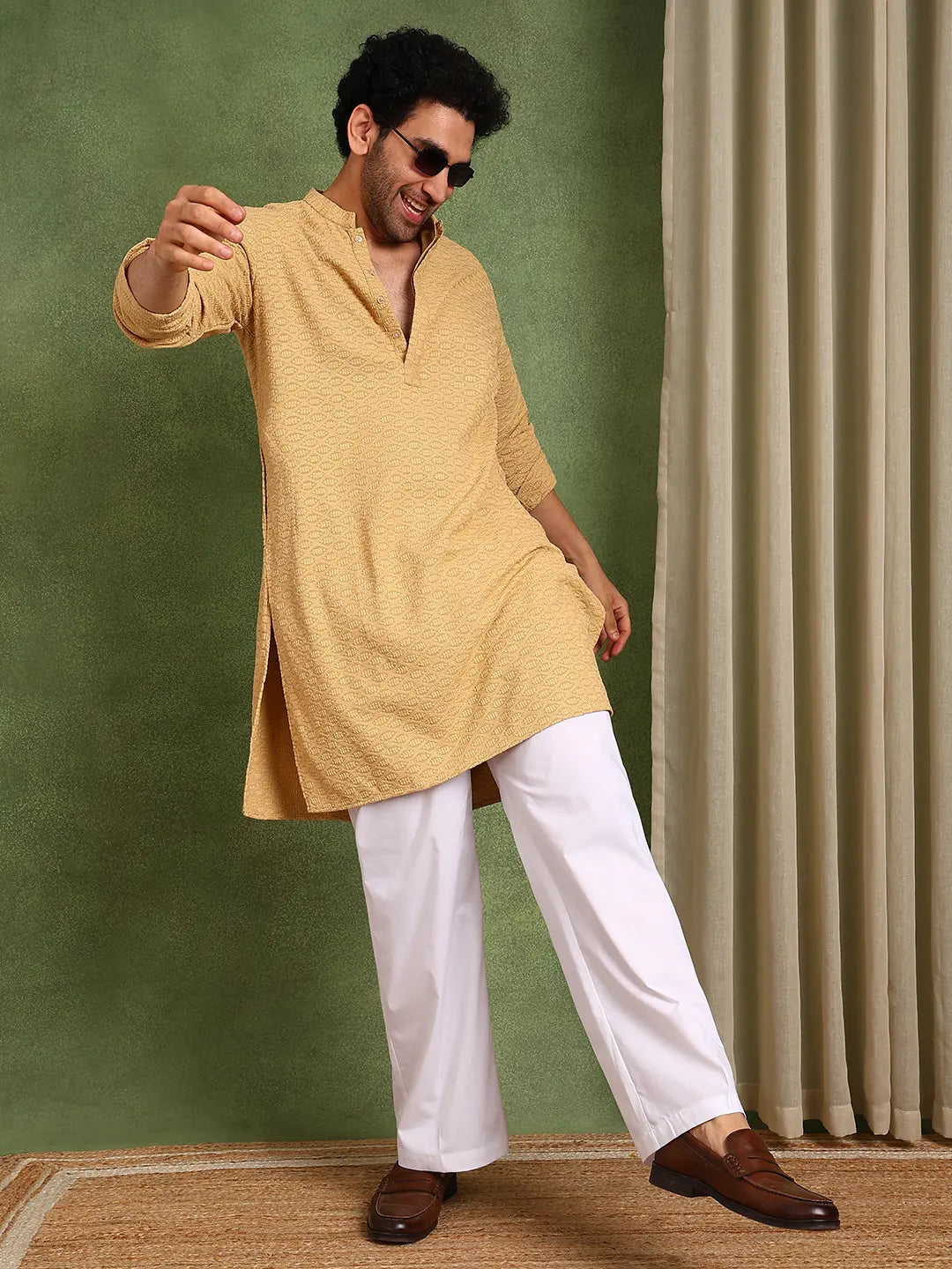 Men Mustard Embroidered work Cotton Straight Kurta