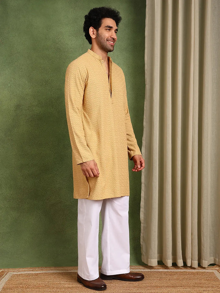 Men Mustard Embroidered work Cotton Straight Kurta