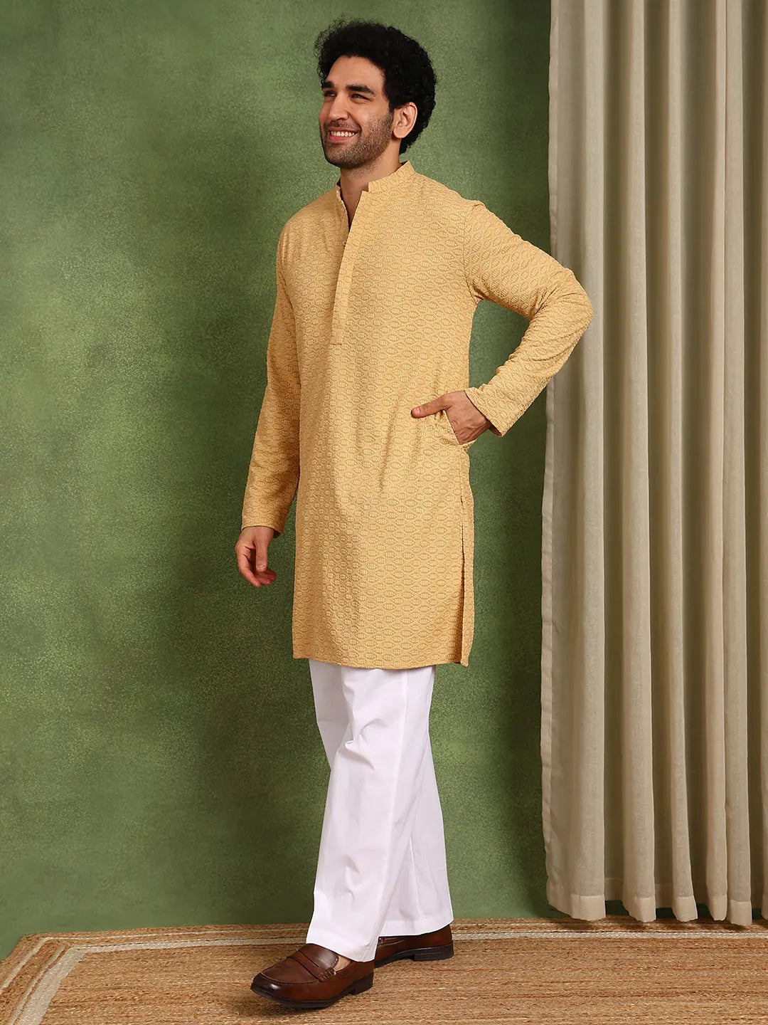 Men Mustard Embroidered work Cotton Straight Kurta