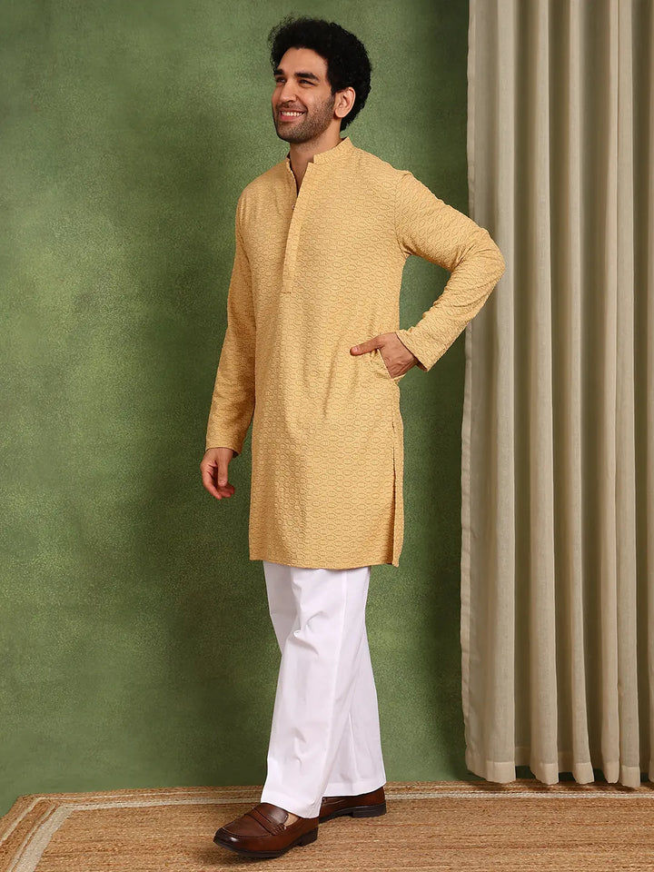 Men Mustard Embroidered work Cotton Straight Kurta