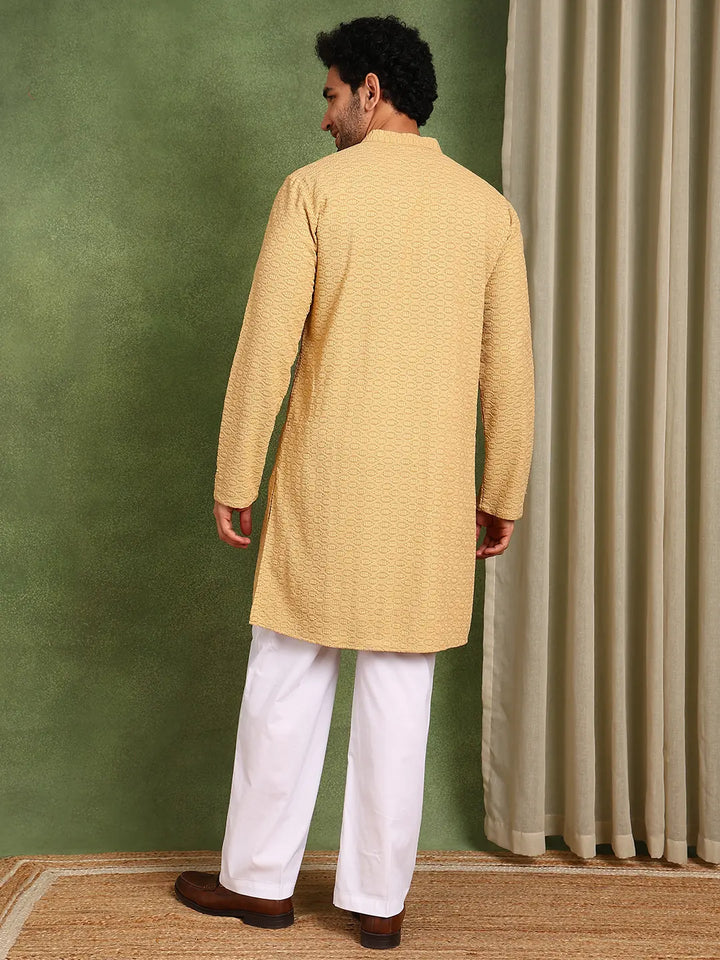 Men Mustard Embroidered work Cotton Straight Kurta