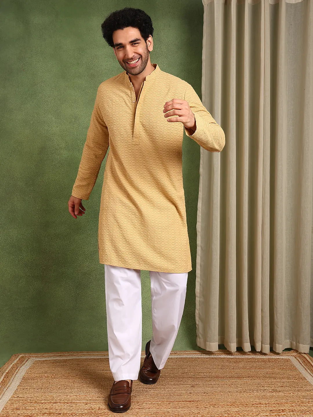 Men Mustard Embroidered work Cotton Straight Kurta