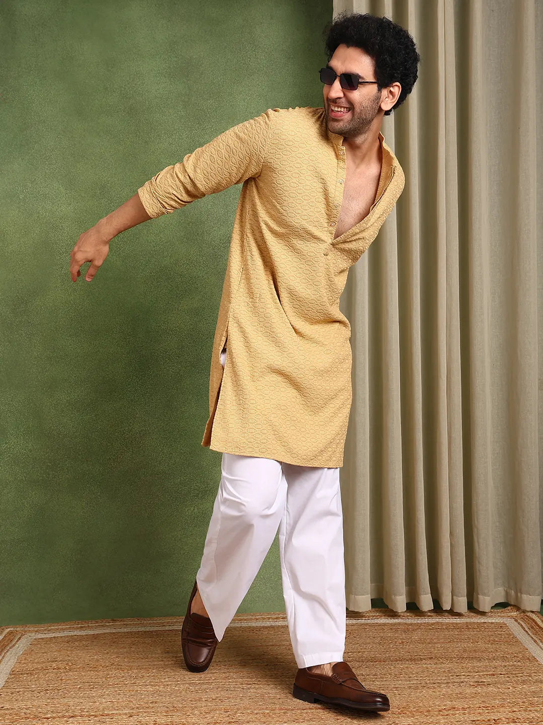 Men Mustard Embroidered work Cotton Straight Kurta