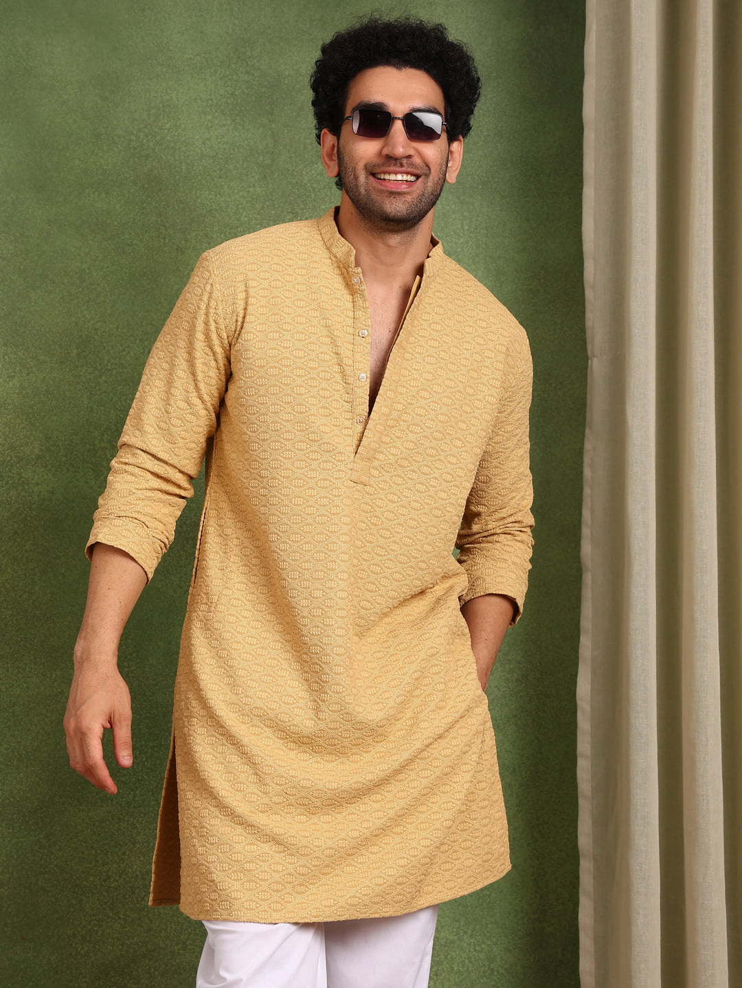 Men Mustard Embroidered work Cotton Straight Kurta